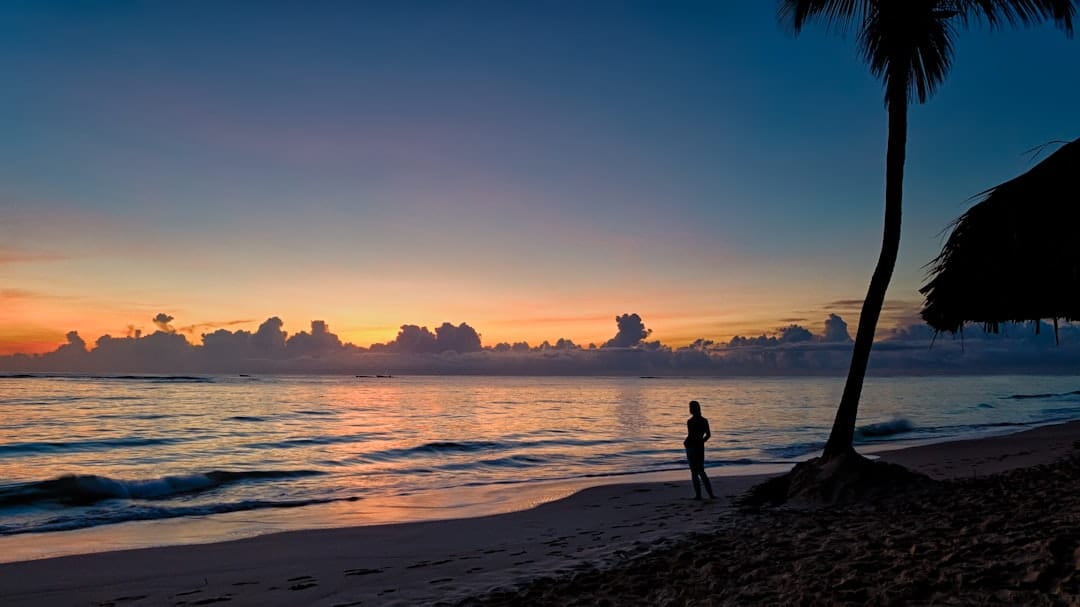A person standing at the waterline under a leaning palm at sunrise in Punta Cana, orange cloud along the horizon