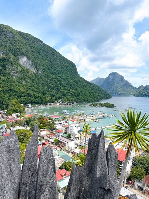 El Nido town seen from the limestone above it, red roofs running down to a beach lined with moored boats