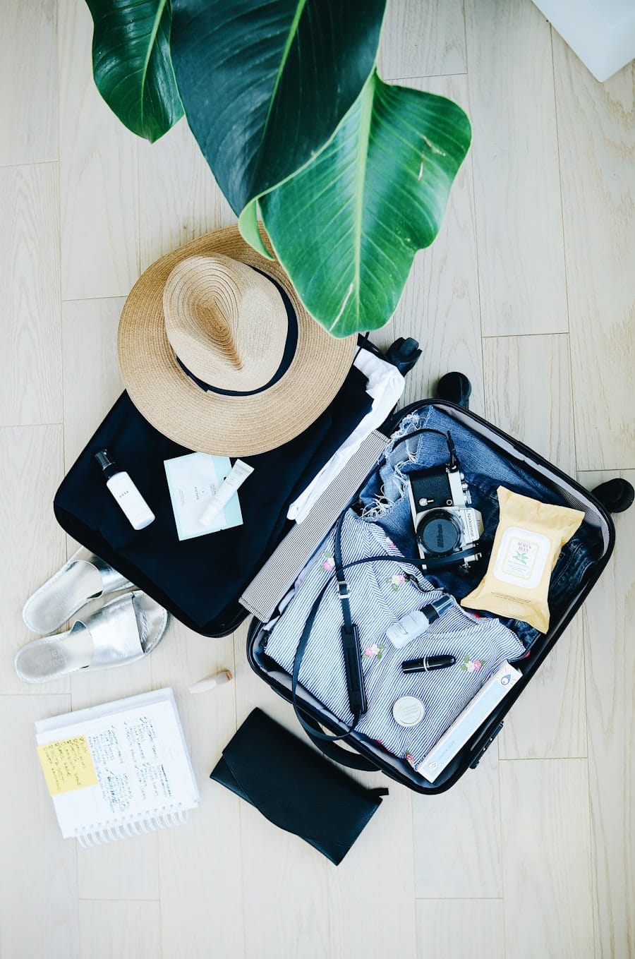 An open suitcase packed with clothes, a camera, a sun hat and sandals