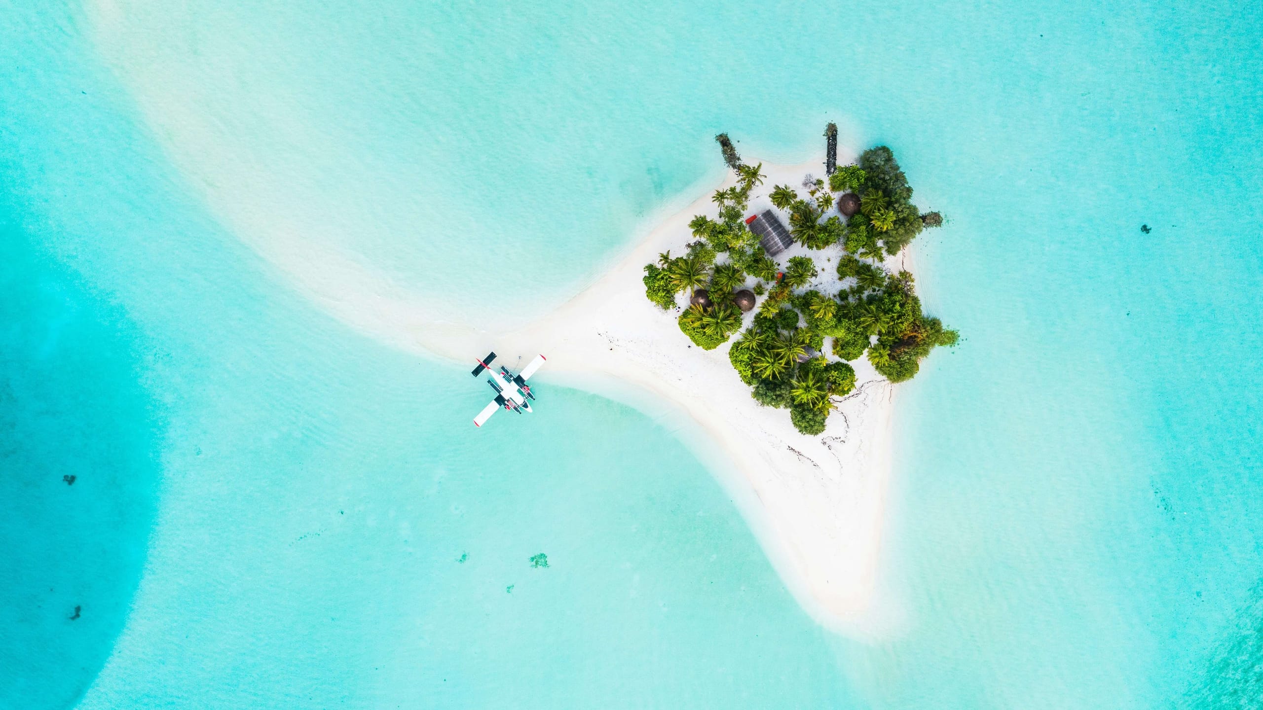 Seaplane moored off a small palm island in a turquoise lagoon